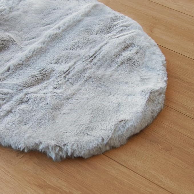 ORINOVA Round Furry Rugs for Living Room Faux Rabbit Fluffy Fur Rug for Bedroom Washable Area Rugs Boho Circle Rug Grey Shag Rug 4ft