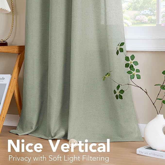 H.VERSAILTEX Living Room Linen Curtains - Semi Sheer, Nickel Grommet, Energy Saving, Light Filtering Window Treatments - Sea Grass, 2 Panels, 52 x 63 Inch