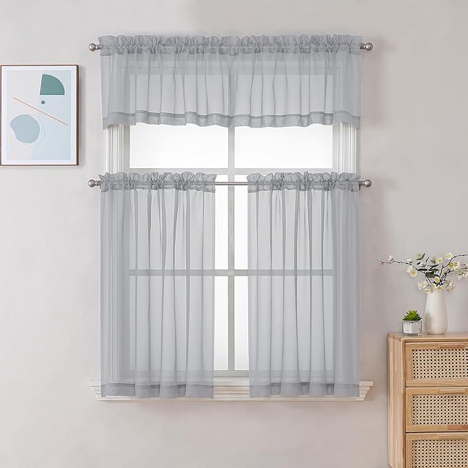 Chyhomenyc Sheer Light Grey Tier Curtains 24 Inch Length, Small Window Curtains Treatment for Bathroom Living Room Basement, Short Rod Pocket Cafe Curtain, 42W x 24L Inches, 2 Panels