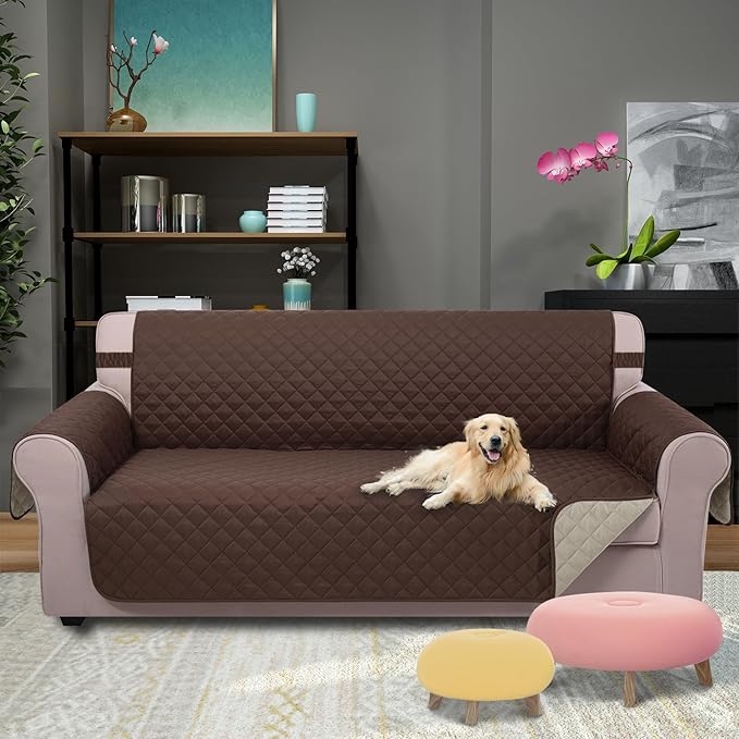 U-NICE HOME 4 Seater Sofa Cover 91 Inch Large Couch Covers for 4 Cushion Couch with Elastic Straps Water Resistant Furniture Protector Cover for Pets Cat (Sofa XX-Large, Coffee/Beige)