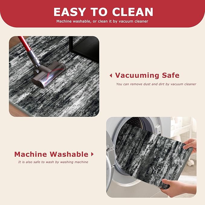 KOZYFLY Modern Abstract Washable Rug Runner 2.6x14 Hallway Rug Runner Non-Slip Soft Kitchen Runner Rugs, Black Grey Striped Carpet for Entryway Bathroom Laundry Room Foyer