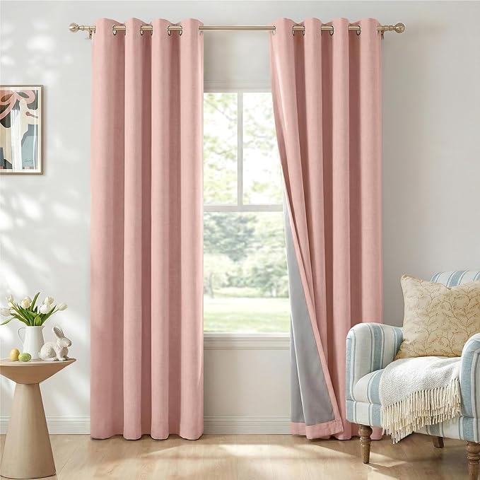 100% Blackout Shield Linen Blackout Curtains for Bedroom, Blush Pink Grommet Curtains for Living Room, Thermal Insulated Room Darkening Drapes for Nursery, Boho Home Decor, 50" W x 84" L, 2 Panels