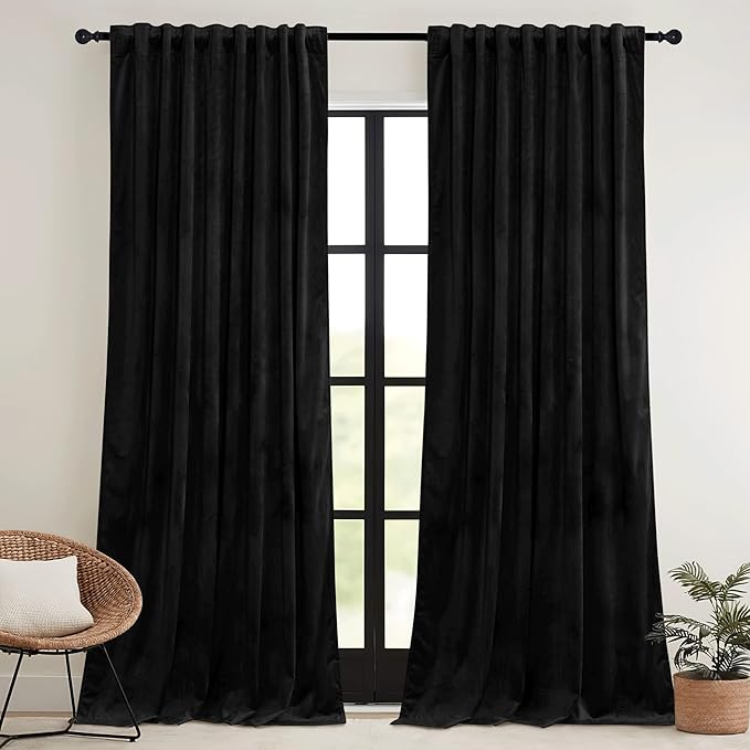 RYB HOME Black Velvet Curtains 96 inch, Blackout Window Curtains with Pleat Tape on Top for Bedroom Thermal Insulated Privacy Drapes for Nursey, W52 x L96 inch, 2 Panels