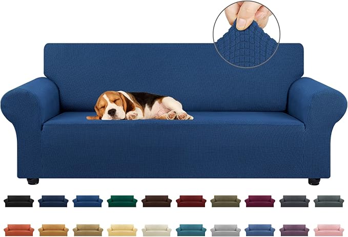 KEKUOU Stretch Sofa Cover Slipcover ，Couch Covers for 3 Cushion Couch Sofa pet Friendly (78"-94") Furniture Protector Sofa with Elastic Bottom for Kids,Dog, Jacquard Small Checked(Large,Classic Blue)