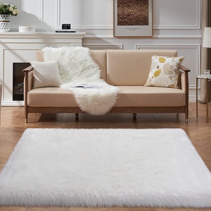 Faux Fur Area Rug, White Fluffy Rugs for Bedroom Living Room, 4'x6' Soft Shaggy Fuzzy Rug for Nursery, Indoor Plush Floor Carpets for Kids Girls Boys Teen Dorm, Cute Home Decor, Rectangle