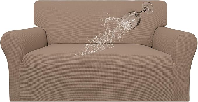 Easy-Going 100% Waterproof Oversized Loveseat Couch Cover, Dual Waterproof Sofa Cover, Stretch Jacquard Sofa Slipcover, Leakproof Furniture Protector for Kids, Pets, Dog and Cat, Camel