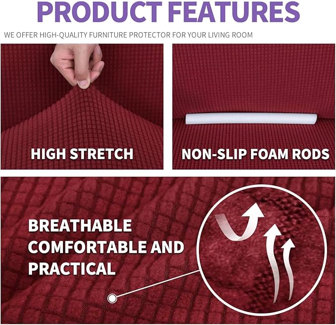 ZNSAYOTX Super Stretch Couch Cover (72"-92") Universal Sofa Covers with Elastic Bottom, Dog Cat Pets Friendly Washable Furniture Protector Fitted Sofa Slipcovers Stay in Place (Wine Red, Sofa)