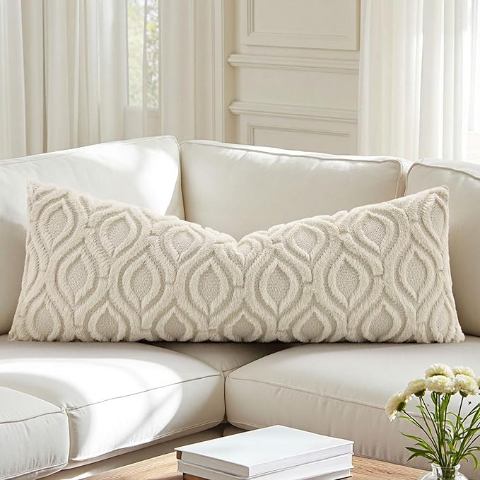 decorUhome Throw Pillow Covers 14x36 Inch Set of 1, Soft Plush Decorative Faux Fur Beige Solid Couch Pillow Covers, Accent Farmhouse Neutral Rectangular Pillow Cases for Sofa Bed Living Room