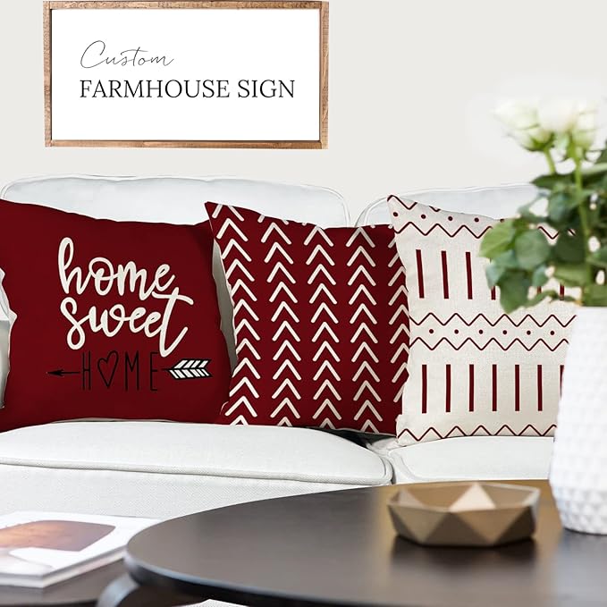 YCOLL Christmas Pillow Covers 20x20 Set of 4, Modern Sofa Throw Pillow Cover for Christmas Decor, Decorative Outdoor Linen Fabric Pillow Case for Couch Bed Car, Wine Red