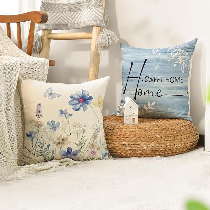 AVOIN colorlife Spring Saying Flowers Butterfly Bird Throw Pillow Covers, 20 x 20 Inch Home Sweet Home Blue Cushion Case for Sofa Couch Set of 4