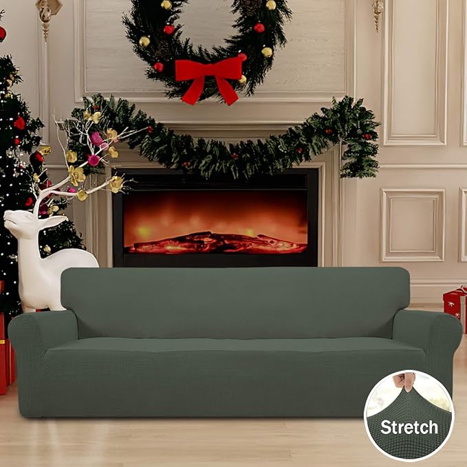 Easy-Going Stretch 4 Seater Sofa Slipcover 1-Piece Sofa Cover Furniture Protector Couch Soft with Elastic Bottom for Kids, Polyester Spandex Jacquard Fabric Small Checks Olive Green
