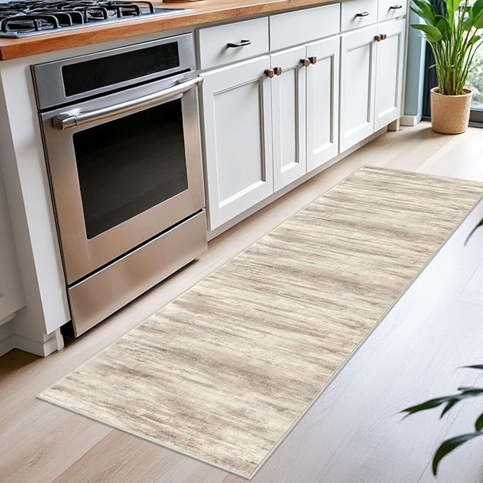 KOZYFLY Modern Abstract Runners for Hallways 2x6 Washable Rug Runner Non-Slip Soft Striped Kitchen Runner Rug, Beige Brown Print Carpet Runner for Entryway Bathroom Laundry Room Foyer