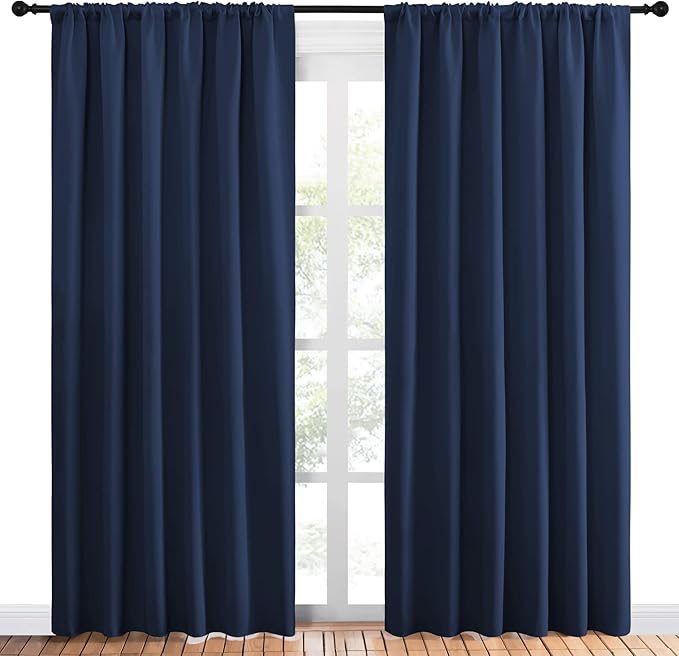 NICETOWN Living Room Curtains, Blackout Draperies, Home Decorations Thermal Insulated Solid Rod Pocket Blackout Drapes for Cafe (Navy, One Pair, 70 x 84-inch)
