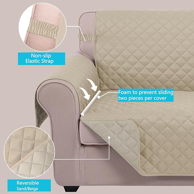 U-NICE HOME Recliner Chair Covers Reversible Chair Cover Pet Covers for Dogs with Elastic Straps Water Resistant Diamond Quilted (23''Armchair, Sand/Beige)