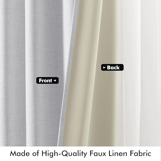 MIULEE 100% Blackout Linen Curtains for Bedroom, Grayish White Solid Luxury Decor Thermal Insulation Room Darkening Drapes for Living Room Nursery Back Tab Rod Pocket 42 x 90 Inches, 2 Panels