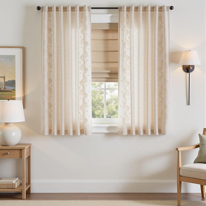 jinchan Evelyn Embroidered Linen Curtains 63 inch Floral Curtains for Living Room Bedroom Farmhouse Cottagecore Semi Sheer Light Filtering Window Drapes Rod Pocket Back Tab 2 Panels W50 x L63 Ivory