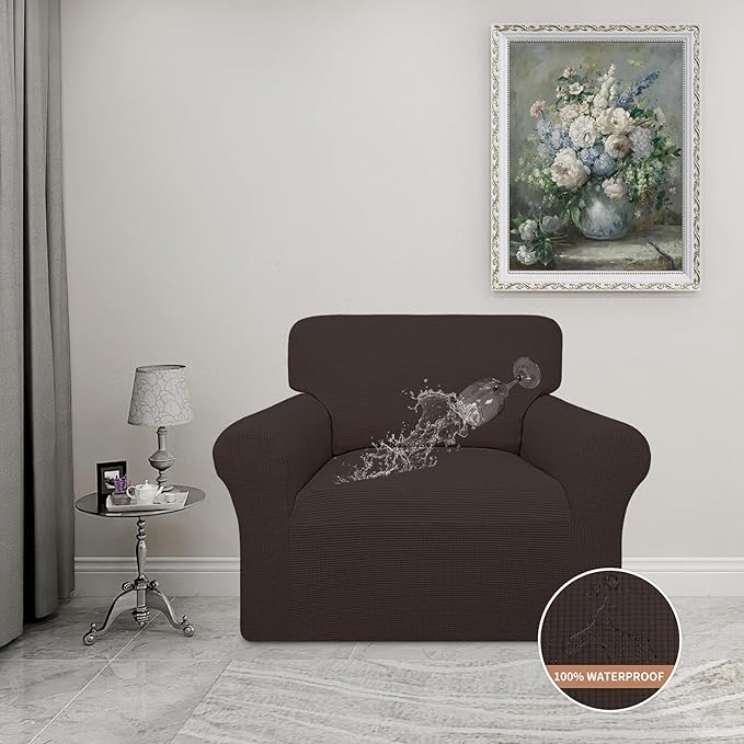 Easy-Going 100% Waterproof Chair Couch Cover, Dual Waterproof Sofa Cover, Stretch Jacquard Sofa Slipcover, Leakproof Furniture Protector for Kids, Pets, Dog and Cat (Chair, Chocolate)