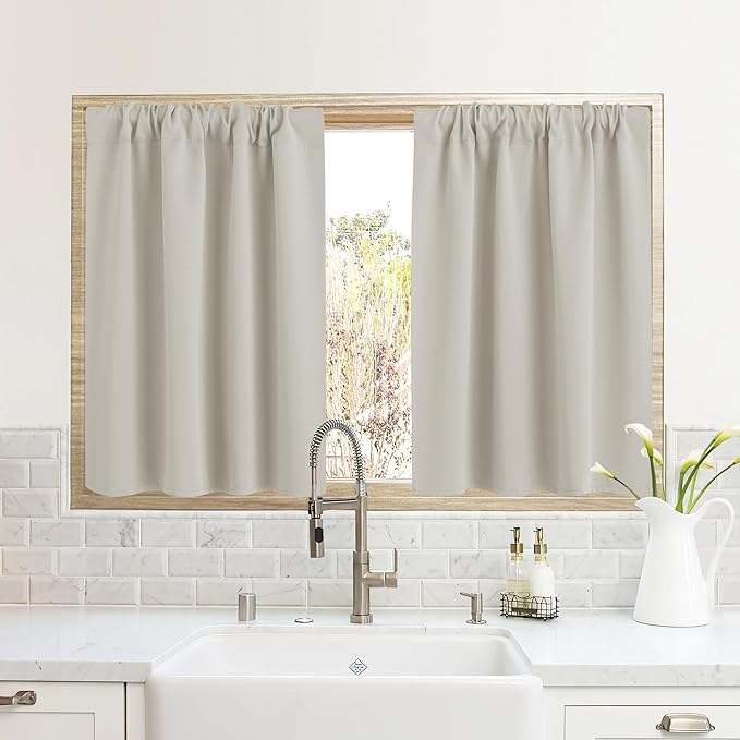 RYB HOME Half Curtain Tiers 36 inch Length, Rod Pocket Summer Heat Blocking Thermal Insulated Short Curtains for Small Window, Width 34 by Length 36, Natural, 2 Panels