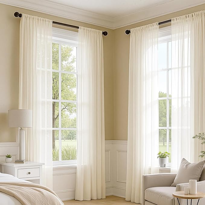 MIULEE Butter Cream Sheer Curtains 90 Inches Long, 4 Panels Set, Rod Pocket Voile Drapes Light Filtering and Semi Transparent, Elegant Window Treatments for Bedroom Living Room,42 x 90 Inches