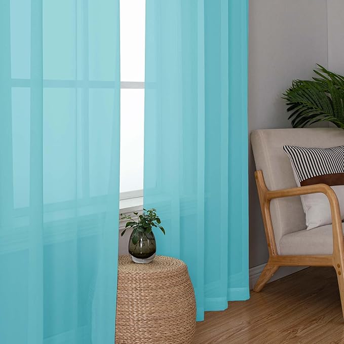 OWENIE Aqua Sheer Curtains for Bedroom Living Room 72 Inches Long 2 Panels Set, Modern Light Filtering Sheer Curtain Rod Pocket Clear Drapes for Window Sliding Door, Aqua, Each 42 x 72 Inch