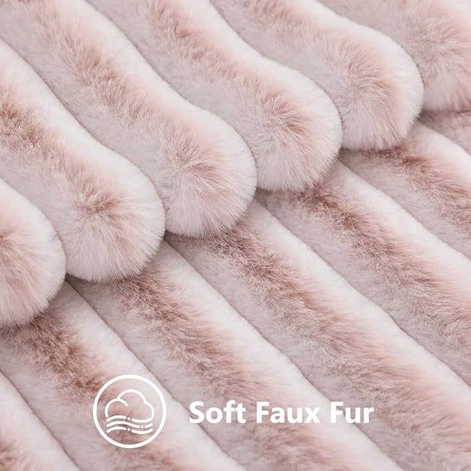 decorUhome Summer Cozy Faux Fur Throw Pillow Covers 18x18 Set of 2 Decorative Soft Plush Striped Modern Farmhouse Boho Couch Pillow Cases with Velvet Back for Sofa Bed Living Room, Pink White