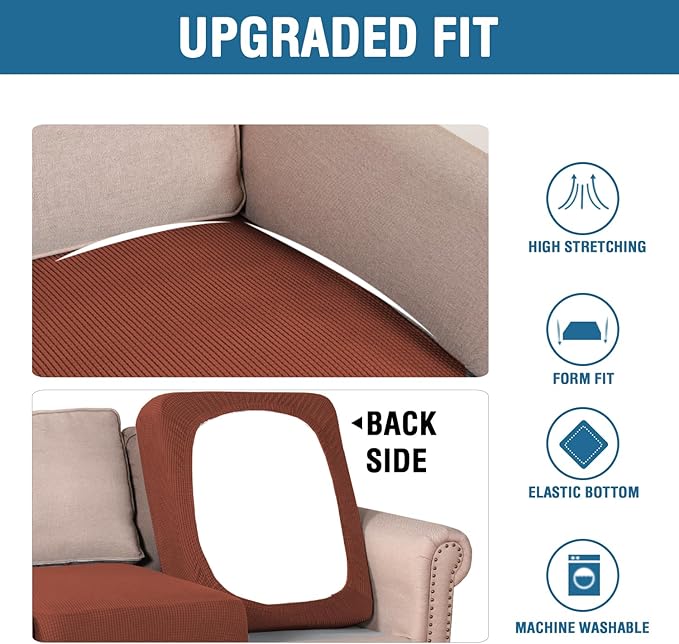 H.VERSAILTEX Super Stretch Couch Cushion Covers Sofa Cushion Slipcovers Jacquard Fabric Individual Seat Couch Slipcover Sets for Pets with Elastic Bottom(3 Packs Cushion Sofa Covers, Rust)