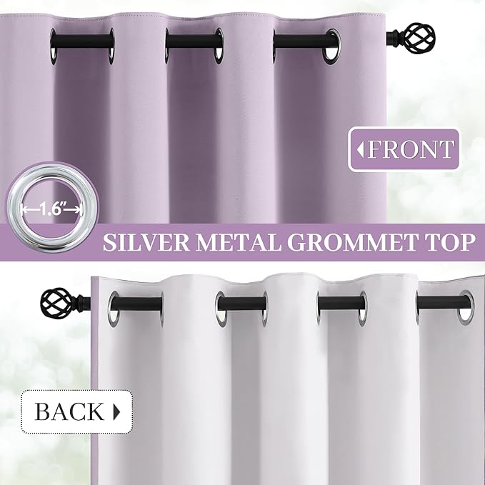 Yakamok Lilac 100% Blackout Curtains 63 Inches Long with 2 Thick Layers-Light Purple Room Darkening Thermal Insulated Window Curtain Set of 2 Panels for Bedroom Living Room 52x63 Inches,Lavender