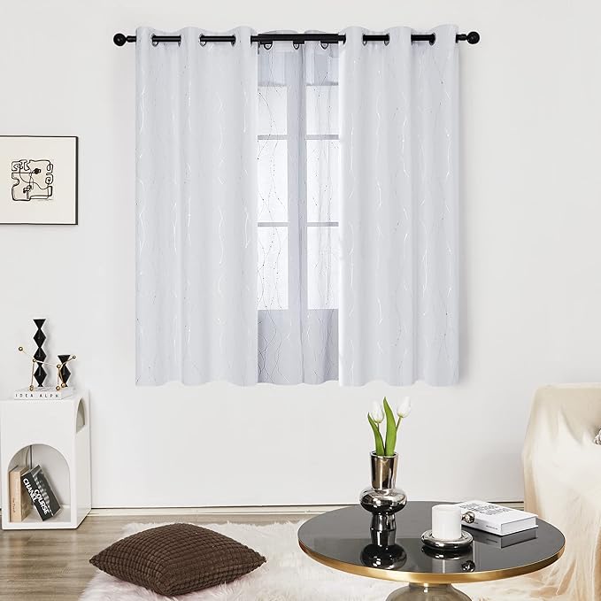 Deconovo Kitchen Curtains, Room Darkening Drapes, Thermal Insulated Soundproof Grommet Drape, Silver Wave Dots Print, 42 x 45 Inch, Machine Washable Window Panels for Small Windows Nursery, Set of 2