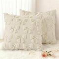 decorUhome Beige Bow Pillow Covers Set of 2 Coquette Aesthetic Cute Preppy Plush Faux Pillowcases for Girly Bedroom or Couch 16x16 Inch