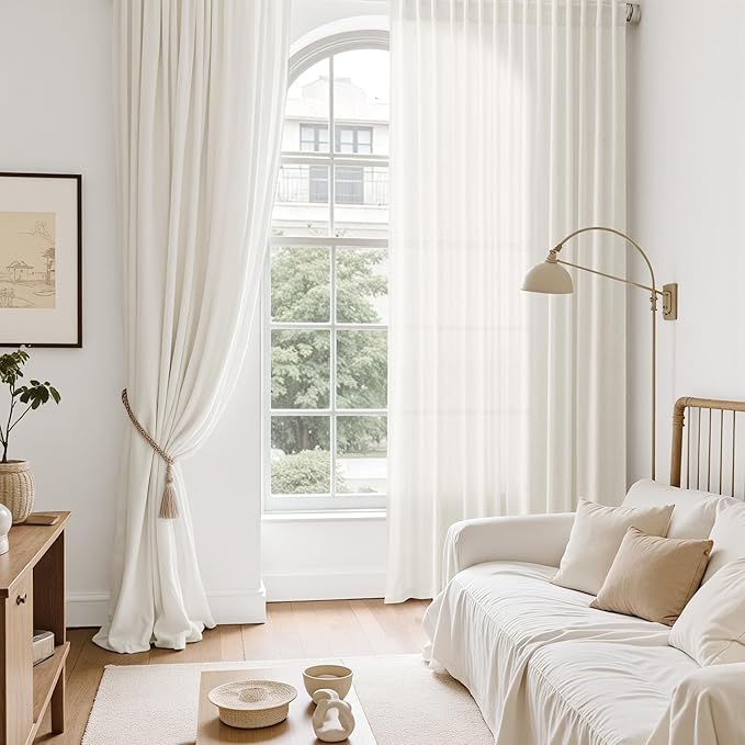 Nanspring Neutral Linen Curtains 72 Inches for Living Room Light Filtering Semi Sheer Curtains Coastal Modern Farmhouse Decor Drapes for Bedroom Office Back Tab and Rod Pocket 52x72, 2 Panels