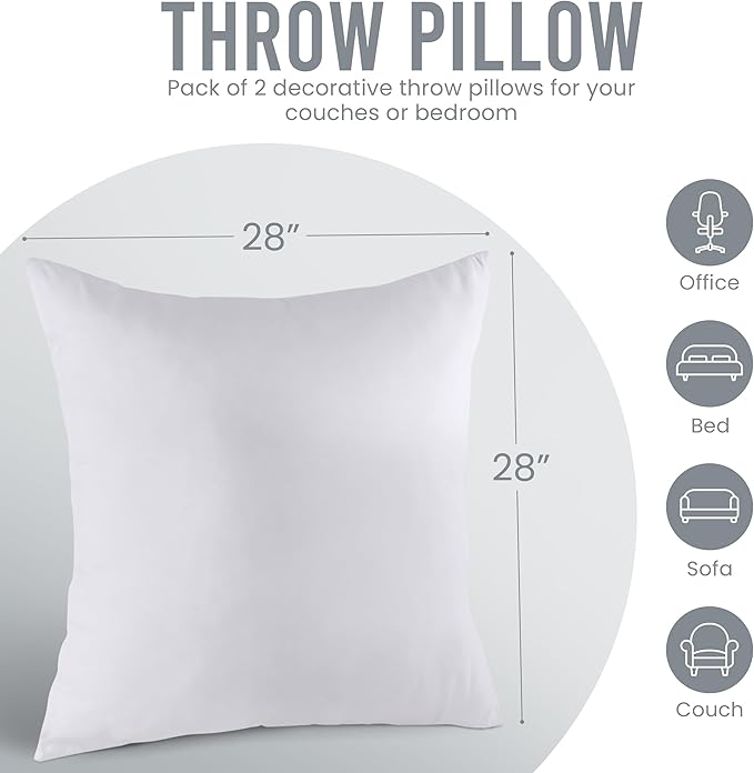 Utopia Bedding 28x28 Pillow Inserts, Set of 2, White – Indoor Decorative Throw Pillows for Bed, Sofa & Couch – Soft, Supportive & Fluffy Cushion Inserts