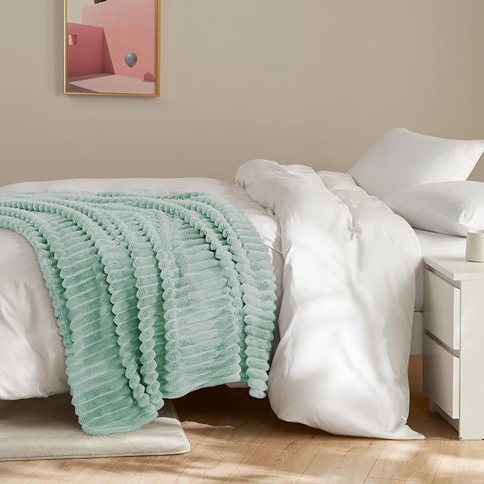 HIMEET Sage Green Ribbed Queen Size Blanket for Bed - 300GSM Lightweight Fleece Blanket for Women, Large Sofa Couch Cover Bed Blankets Gifts, Striped Spring Home Room Decor, Sage Green, 90x90 Inches
