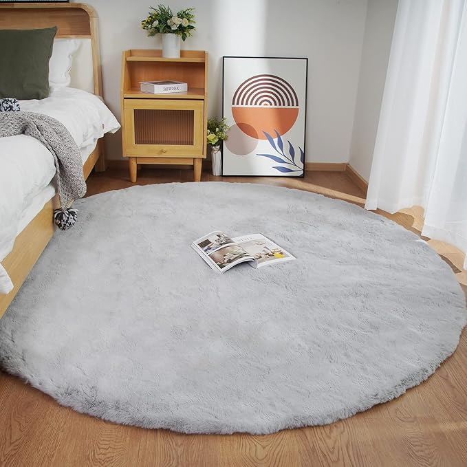 Ghouse Faux Rabbit Fur Round Rug 4ft Grey Round Rugs for Bedroom Decor Fluffy Area Rugs for Living Room, no-Shedding Carpet Sheepskin Washable Rug Rome Decor