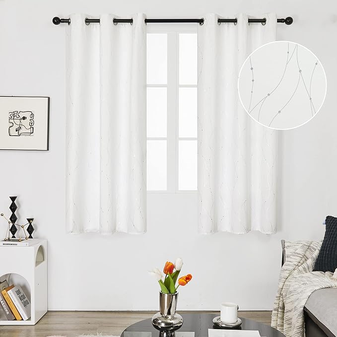 Deconovo White Curtains, Room Darkening Curtain, Thermal Insulated Soundproof Drapes, Wave Dots Silver Print, 38 x 36 Inch Long, Grommet Top, Window Panels for Living Room Bedroom Kitchen, Set of 2