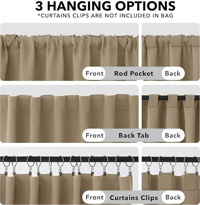 Deconovo Solid Room Darkening Panels Back Tab and Rod Pocket Curtains Blackout Thermal Insulated Curtains for Living Room 52Wx63L Inch Khaki 2 Panels