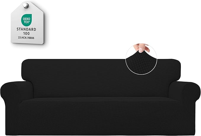 Easy-Going Stretch Sofa Slipcover 1-Piece Sofa Cover Furniture Protector Couch Soft with Elastic Bottom for Kids, Polyester Spandex Jacquard Fabric Small Checks (Sofa, Black)