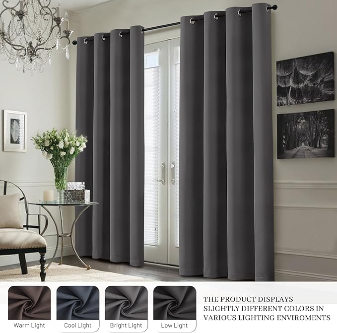 Yakamok 100% Blackout Curtain Panels 84 inches Cold and Light Blocking Drapes for Nursery, 2 Thick Layers Thermal Insulated Draperies (2 Pieces, 50 Wide Each Panel, Charcoal Grey/White Backing)