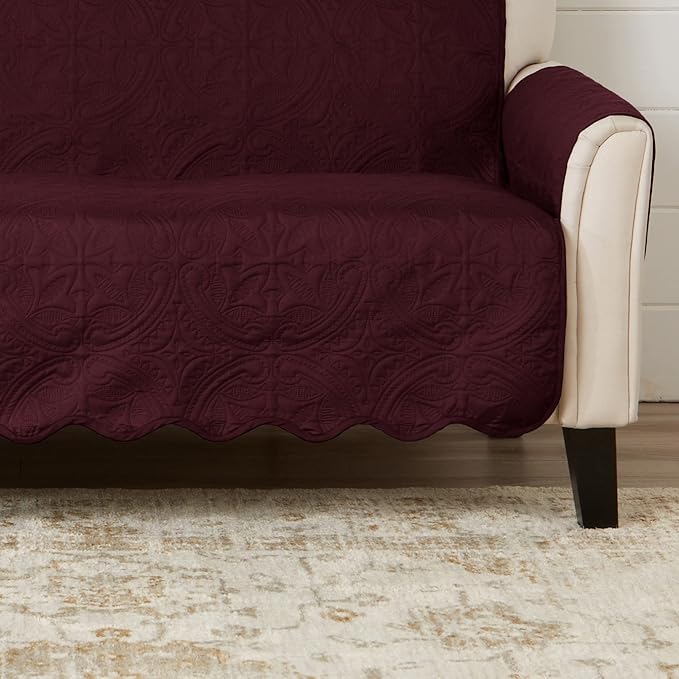 Great Bay Home Reversible Sofa Cover - Washable Slipcover Furniture Protector with Elastic Straps - Perfect for Kids & Pets - Quilted & Stitched Detail (Wine/Light Grey)