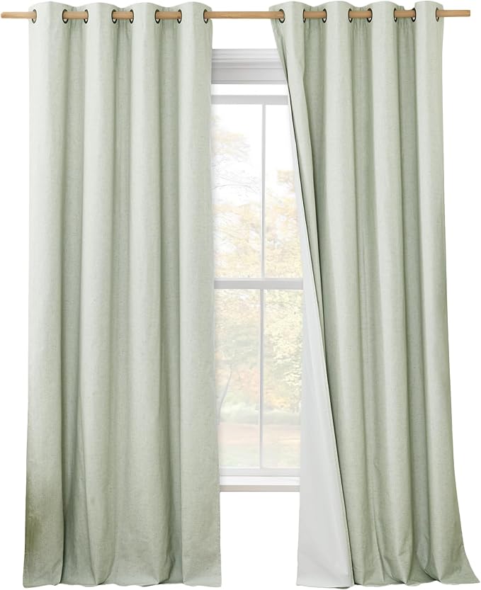 NICETOWN Sage Green Blackout Linen Curtains 95 inches Long, 2 Pieces, 52" Wide Each Panel, Bronze Grommet Full Light Blocking Drapes with White Thermal Insulated Coating for Nursery, Hall, Villa