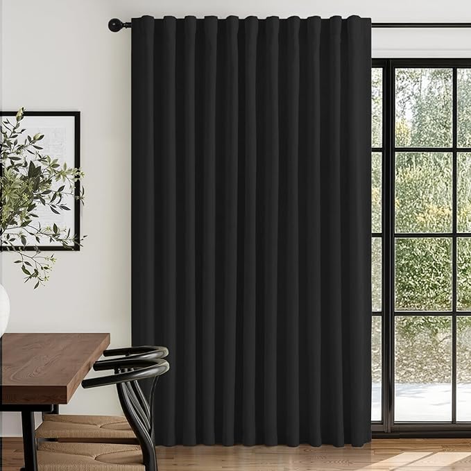 100% Blackout Shield Linen Blackout Curtains for Bedroom 96 Inches Long, Back Tab/Rod Pocket Living Room Drapes, Thermal Insulated Blackout Curtains 1 Panel Set, 100" W x 96" L, Black