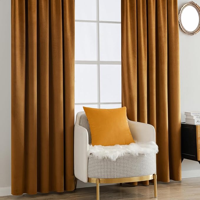 MIULEE Velvet Curtains 63 inches - Luxury Blackout Curtains for Bedroom Living Room Thermal Insulated Super Soft Window Drapes Rod Pocket & Back Tab, Gold Brown, W52 x L63 inches, 2 Panels
