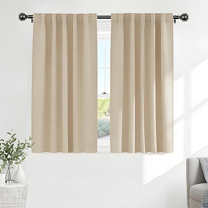 PONY DANCE Short Beige Blackout Curtains for Kitchen Over Sink, Window Drapes Small Soft Rod Pocket Draperies/Window Treatments for Nursery Bedroom, W 42 x L 45 Inches, Biscotti Beige, 2 Panels