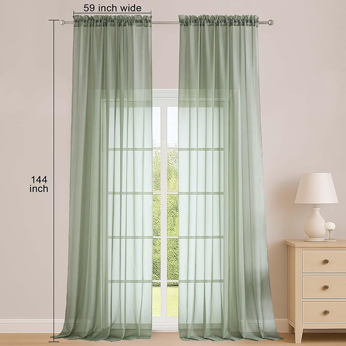 OWENIE Extra Long Sage Green Sheer Curtains 144 inch 2 Panels Set, Translucent Backdrop Window Scarf Drapes for Canopy Bed/Wedding/Living Room/Anniversary, 12FT Length, Each 59Wx144L in, 2PCS