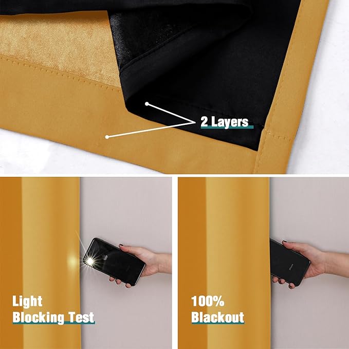 ChrisDowa 100% Blackout Curtains 108 inch Long for Bedroom with Black Liner, 2 Thick Layers Total Blackout Thermal Insulated Grommet Window Curtains 2 Panels Set (Mustard Yellow, 52 x 108 Inch)