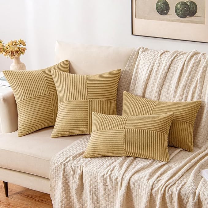 MIULEE Khaki Decorative Euro Sham Pillow Covers 24x24 Inch for Bed Couch Sofa Pack of 2 Boho Farmhouse Throw Pillows Soft Cross Corduroy Patchwork Textured Cushion Cases