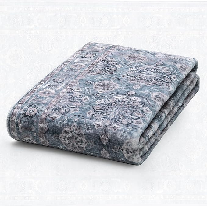 SERISSA Boho 8x10 Area Rugs Blue Grey, Washable Vintage Floral Large Living Room Rug Non-Slip, Ultra Soft Oriental Print Distressed Farmhouse Carpet for Dining Room Bedroom Dorm Office Home Decor