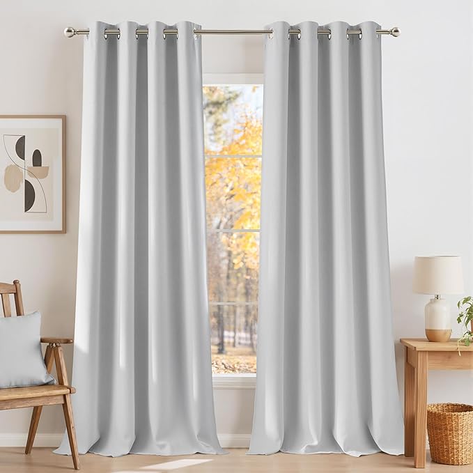 NICETOWN Faux Linen Greyish White Blackout Curtains 84 inches Long for Living Room - Privacy Panels for Bedroom, Modern Farmhouse Style Easy Care Grommet Top, 2 Panels, W52 by L84