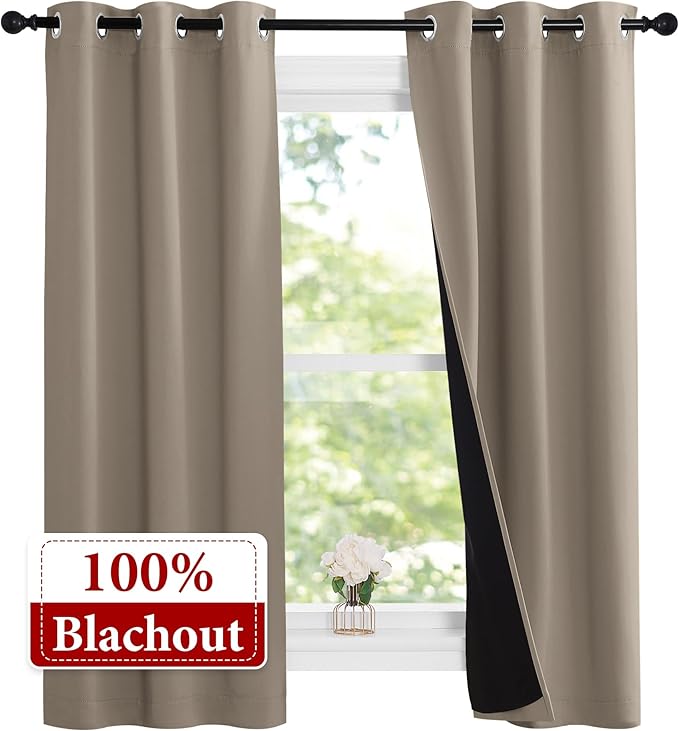 NICETOWN 100% Blackout Short Curtains with Black Liners, 2 Panels, 37" W by 60" L, Taupe, Solid Thermal Insulated Full Blackout 2-Layer Lined Drapes, Energy Efficiency Window Draperies for Bedroom