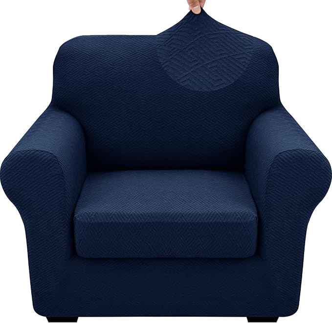XINEAGE 2026 New 2 Pieces Chair Covers with Arms Super Stretch Chair Slipcover for Living Room Pet Dog Universal Slip Cover Anti Slip Armchair Furniture Protector (Navy Blue), 31"-46"(1 Cushion)