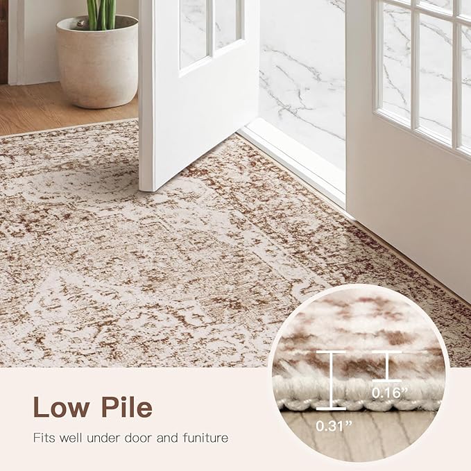 Lofus 2x10 Runner Rug for Hallways, Washable Kitchen Rugs, Non-Slip Rugs for Entryway and Bedroom, Vintage Boho Carpet, Soft Low Pile Long Runner Area Rug, Vintage Beige Brown